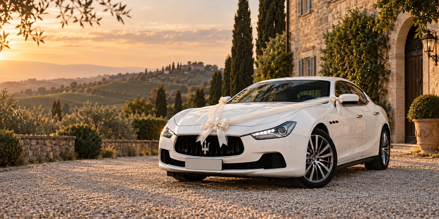 Maserati Ghibli bianca decorata con nastri e coccarde da matrimonio