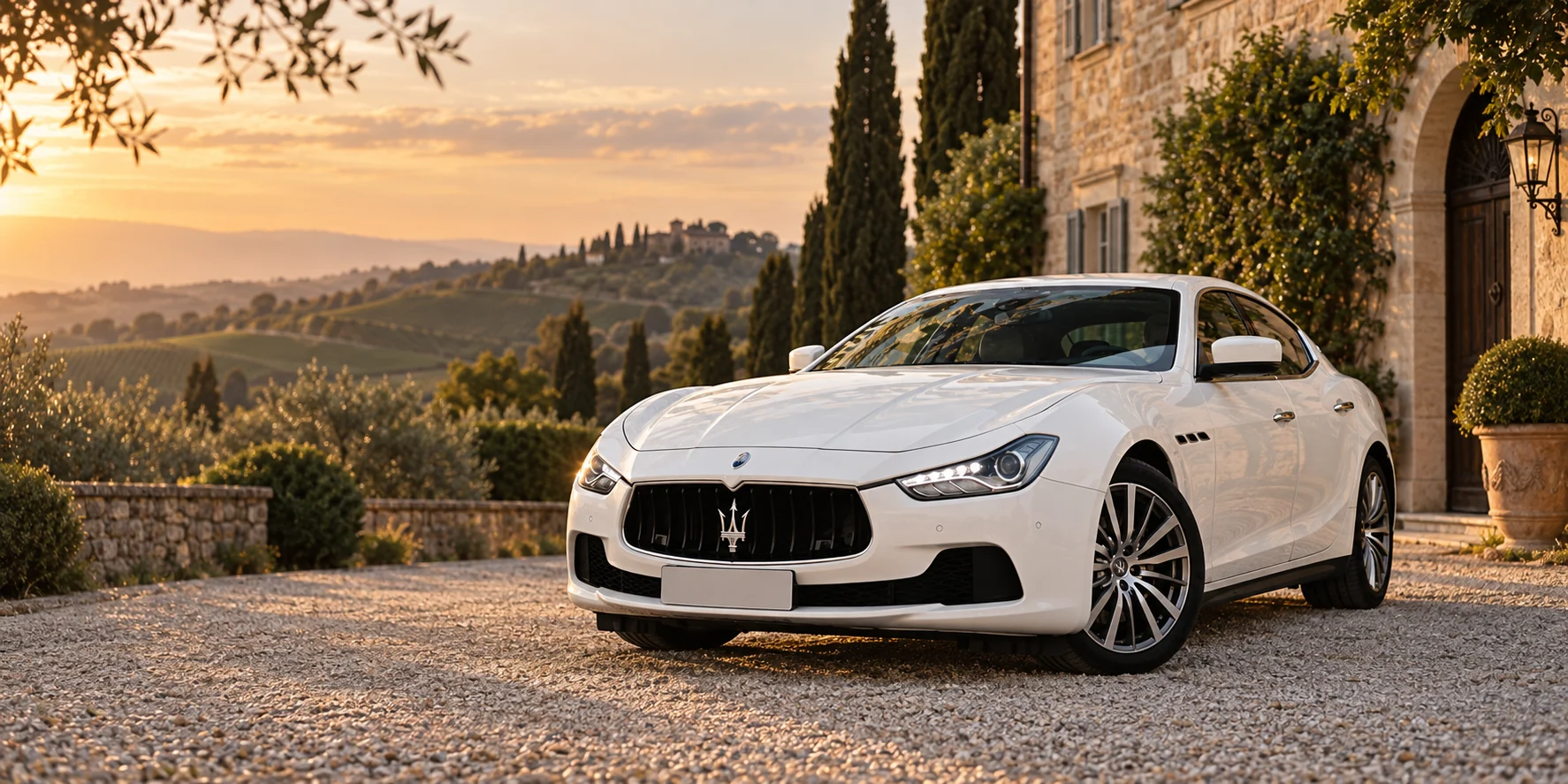 Maserati Ghibli bianca per matrimonio in una villa del Monferrato